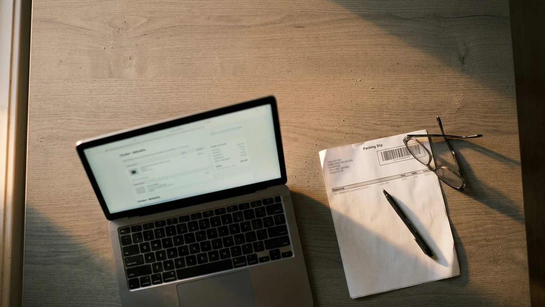 Close-up of a merchant's desk with a laptop showing an order detail screen, a printed packing slip, and a shipping label beside a pair of reading glasses under soft window light